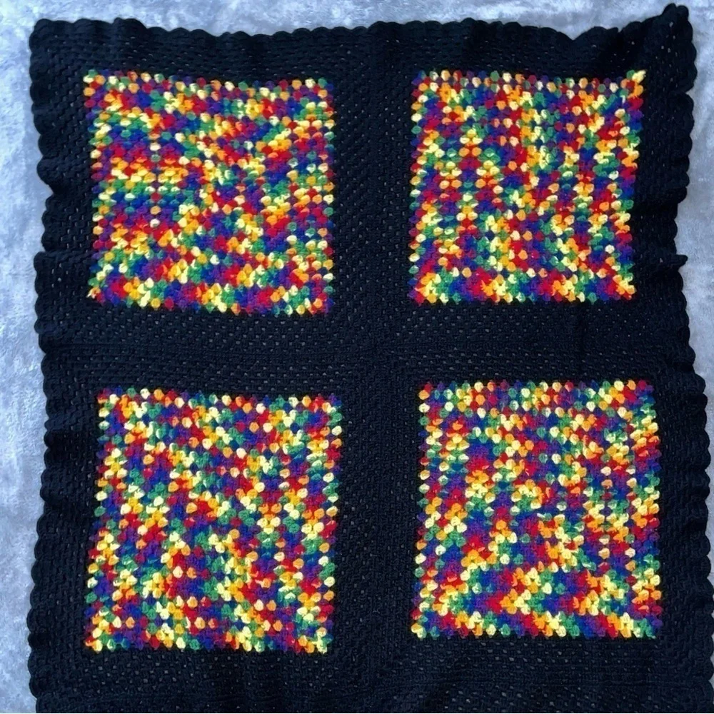 Handmade Crochet Rainbow Black Afghan Blanket Throw Granny Square OS